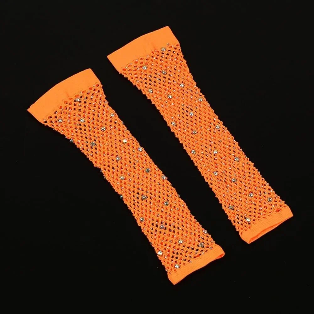 Women's Rhinestones Orange Fingerless Fishnet Mesh Long Gloves Party Cosplay